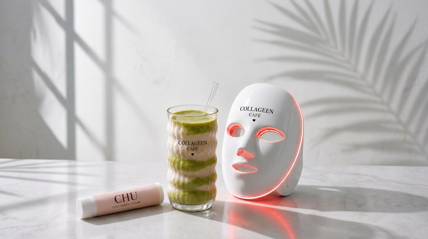 Collageen Café — collageen smoothie, LED gezichtsmasker en Collageen Champ balsem op marmeren tafel